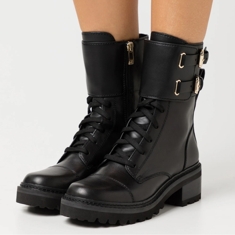 DKNY Bart Lace Up Buckled Lug Sole Booties